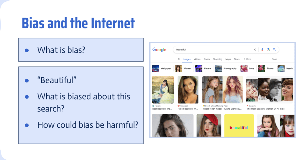 One slide from slide deck about bias in technology used in curriculum development. 